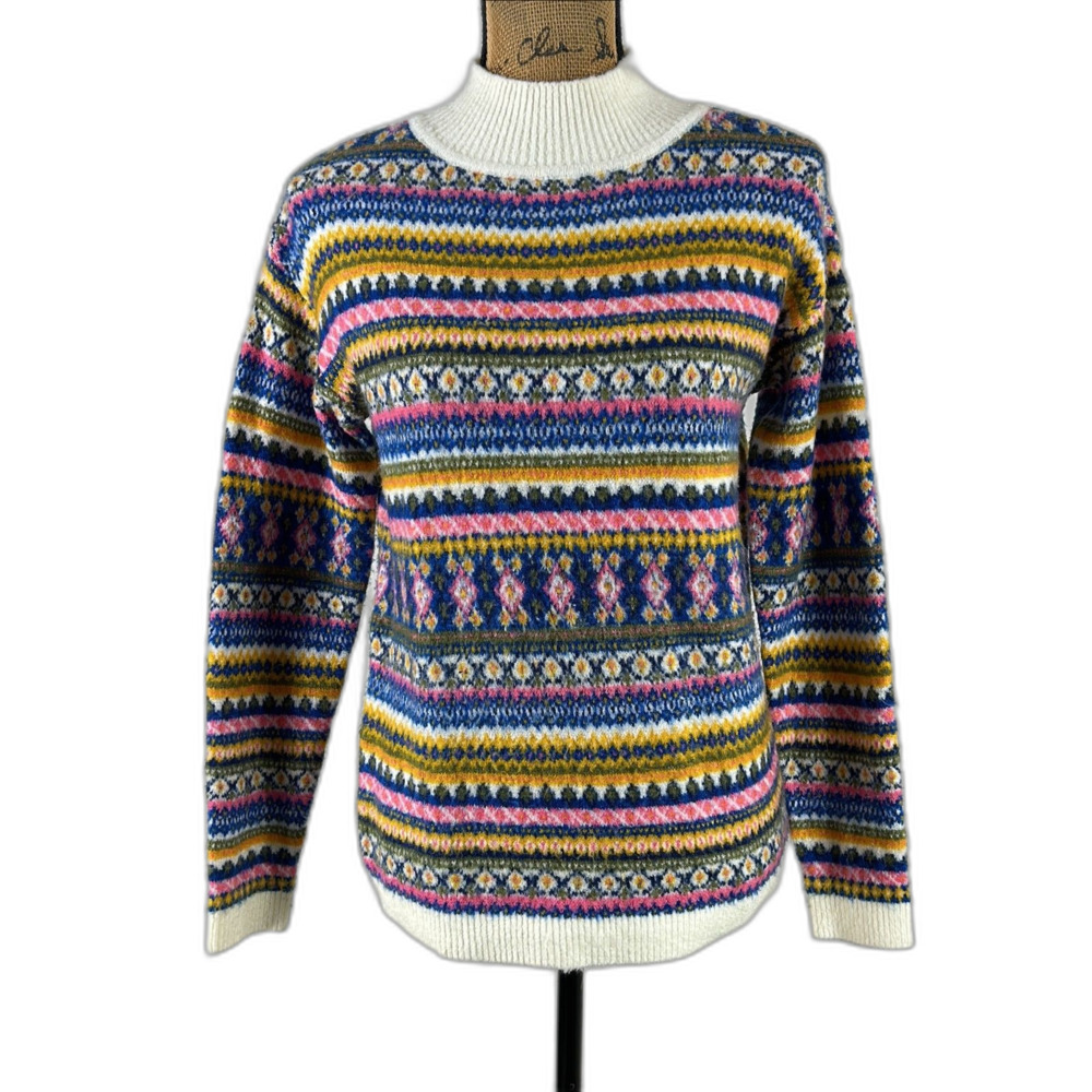 Talbots Sweater XS‎ Super Soft Colorful Stripes Mock Neck Knit Ribbed Long Sl